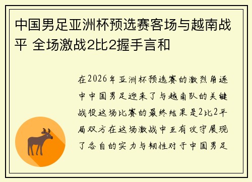 中国男足亚洲杯预选赛客场与越南战平 全场激战2比2握手言和